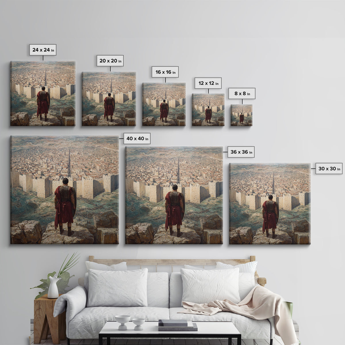 Warrior Over Ancient Walled City Wall Art, Biblical Landscape Framed Canvas Print, Historical Masculine Office Decor Gift