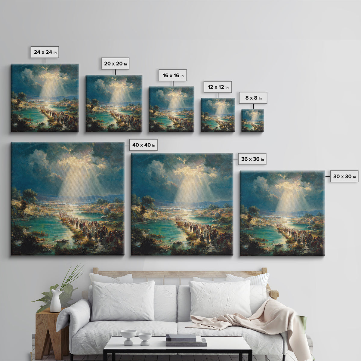 Biblical River Crossing Canvas Print, Radiant Sunbeams Over Sacred Landscape, Christian Wall Art, Religious Home Decor, Prayer Room Decor