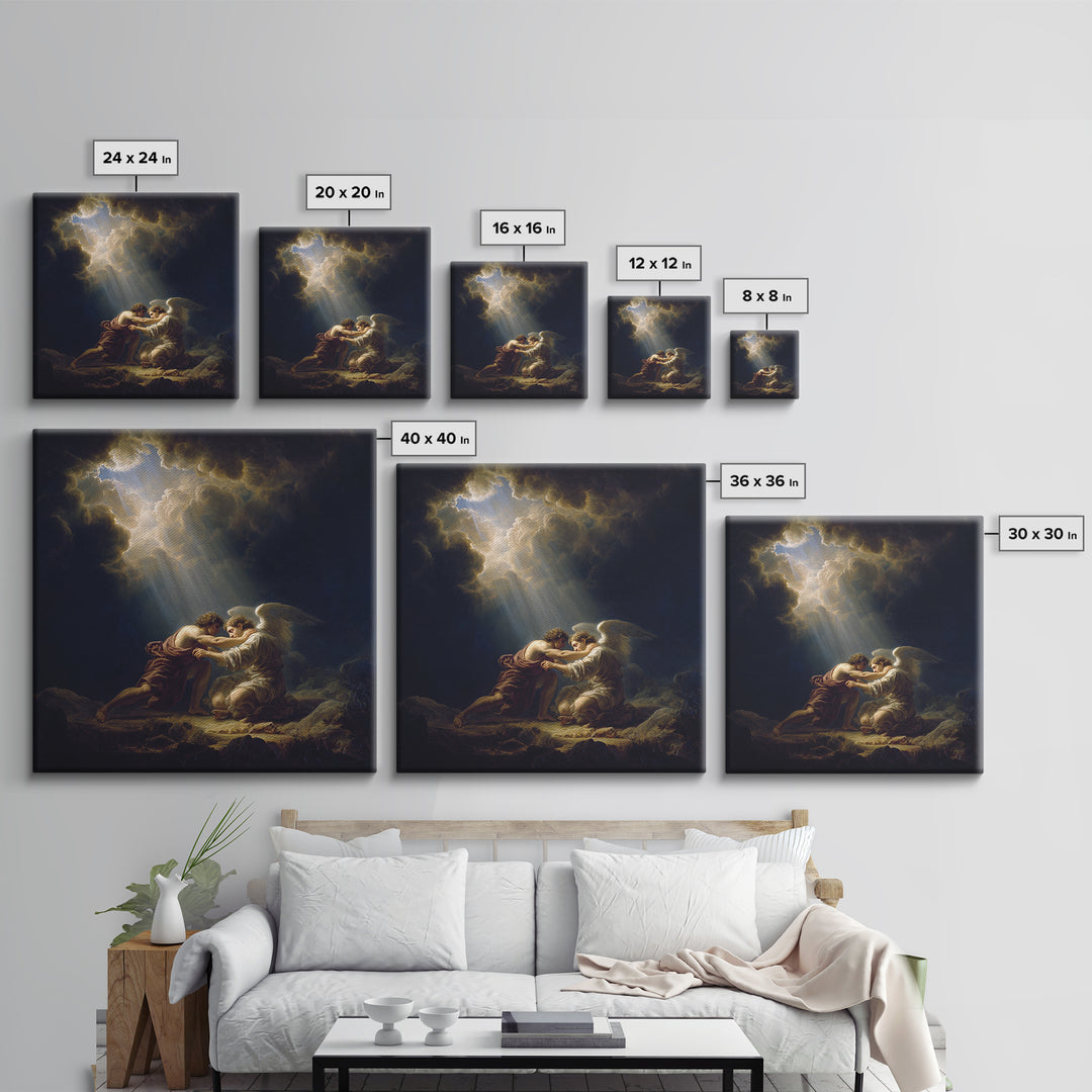 Guardian Angel Comforting Man Canvas Print, Biblical Wall Art, Religious Fine Art, Spiritual Home Decor Gift For Her And Him