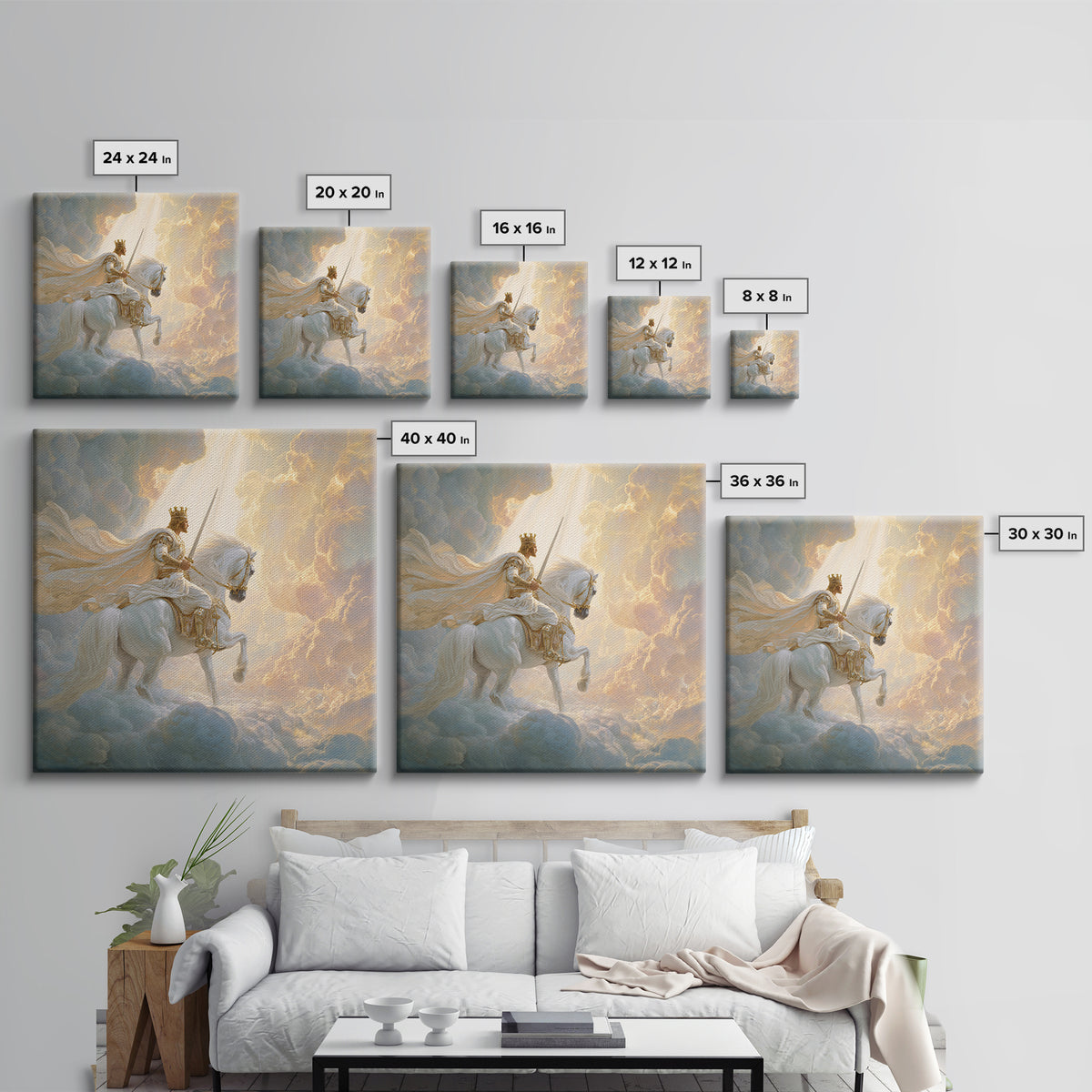 Heavenly King On White Horse Wall Art, Biblical Fantasy Art Print, Christian Home Decor, Ethereal Clouds Framed Canvas Print