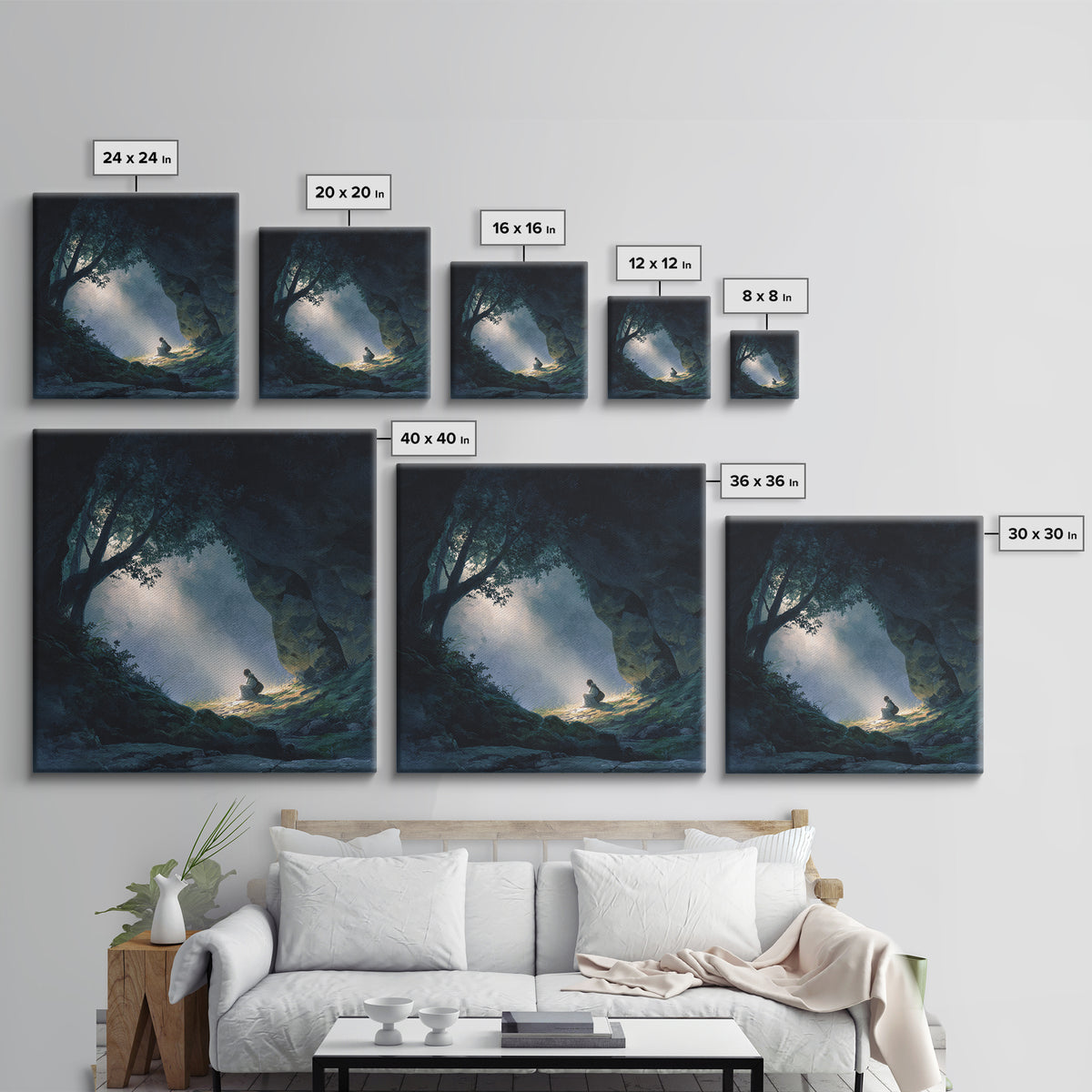 Mystic Cave Seeker Framed Canvas Print, Fantasy Wall Art, Moody Forest Decor, Surreal Adventure Art, Meditation Room Decor