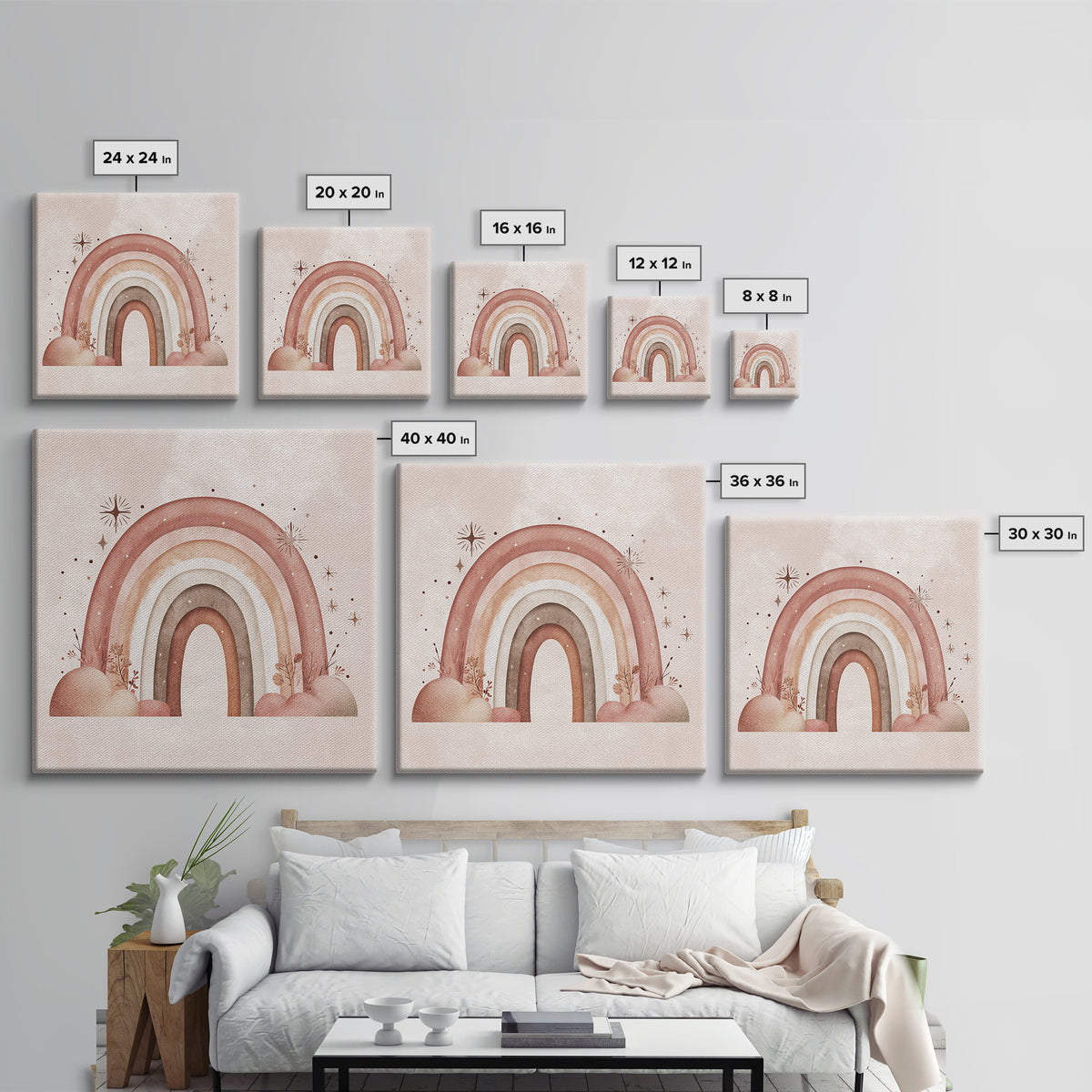 Boho Rainbow Stars And Clouds Wall Art, Neutral Nursery Canvas Print, Whimsical Kids Room Decor Baby Shower Gift For Girl
