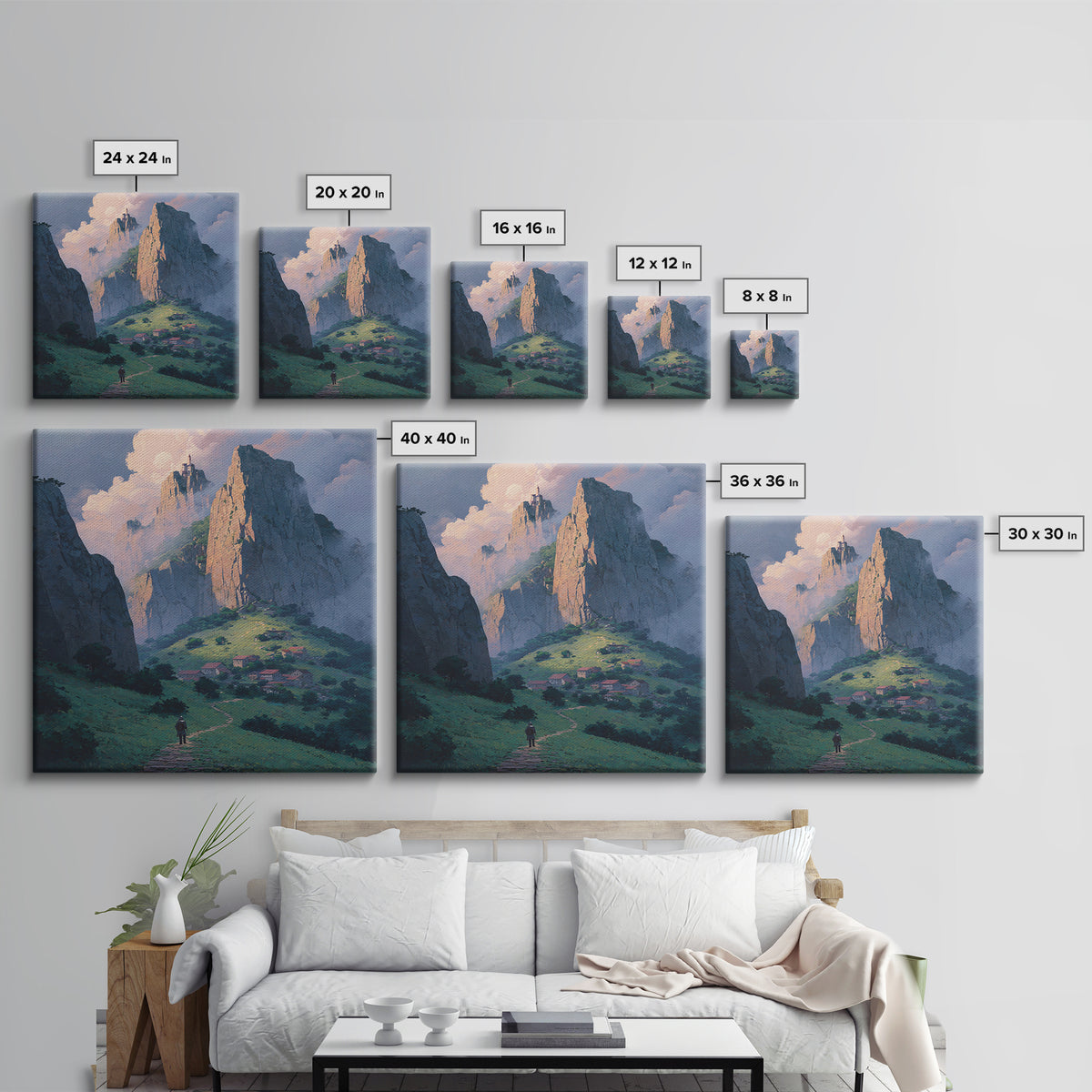 Fantasy Mountain Village Below Castle Wall Art, Dreamy Landscape Print, Storybook Decor, Whimsical Fantasy Art, Nursery Wall Art
