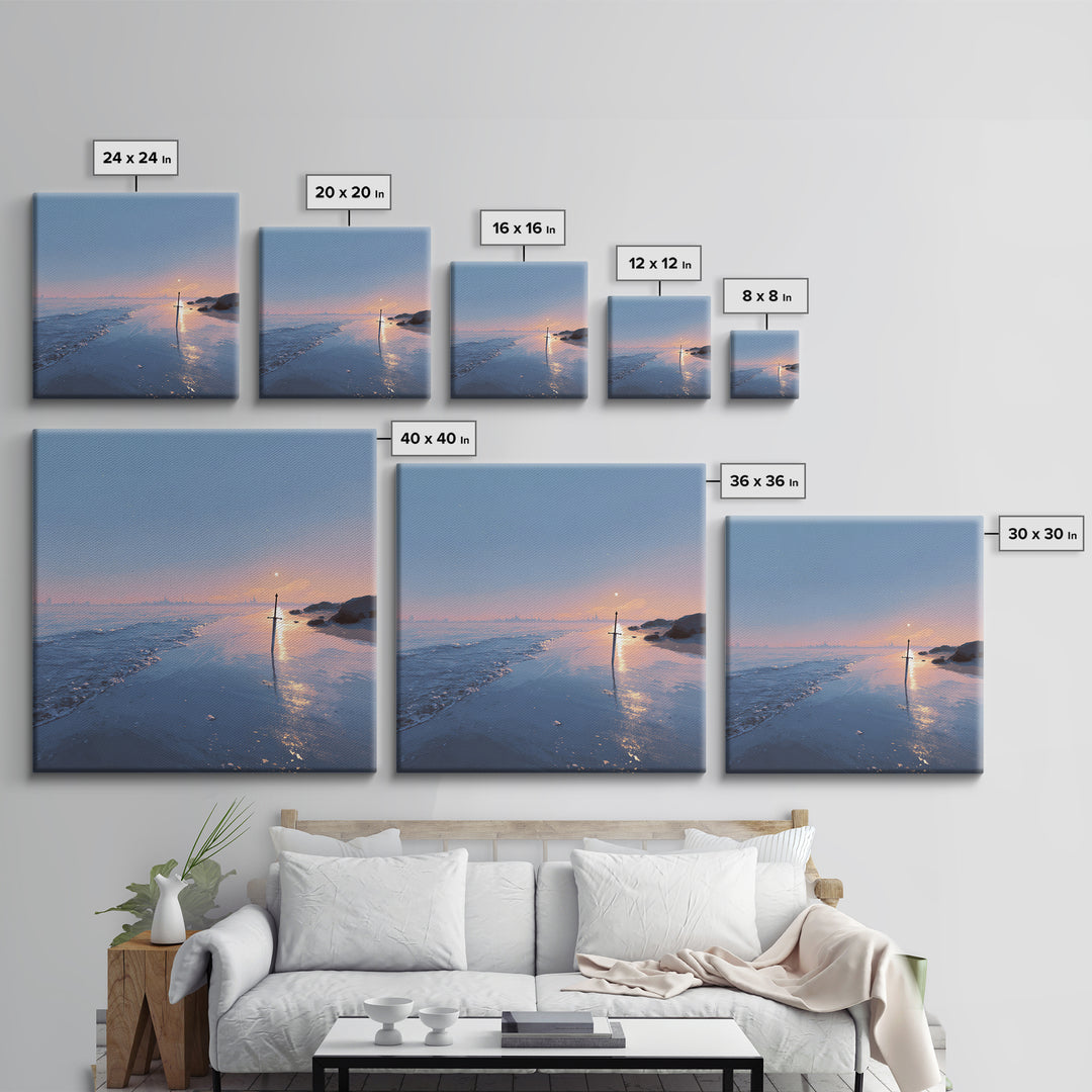 Pastel Beach Sunset With Sword Reflection Wall Art, Coastal Canvas Print, Minimal Ocean Landscape Bedroom Decor Gift For Her