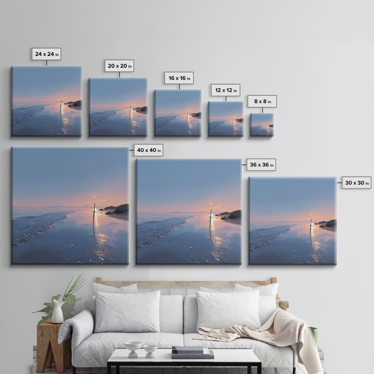 Pastel Beach Sunset With Sword Reflection Wall Art, Coastal Canvas Print, Minimal Ocean Landscape Bedroom Decor Gift For Her