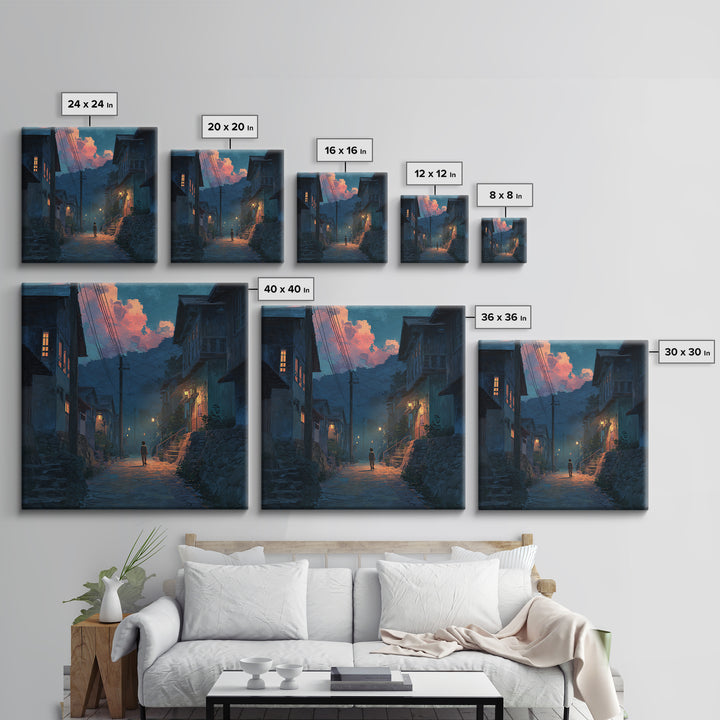 Child Walking Through Twilight Mountain Village Canvas Print, Moody Alley Wall Art, Cozy Blue Landscape, Whimsical Decor