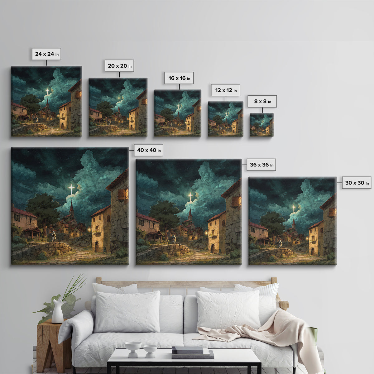 Moonlit Christian Village With Glowing Cross Wall Art, Storybook Church Canvas Print, Rustic Faith Decor For Cozy Home Decor