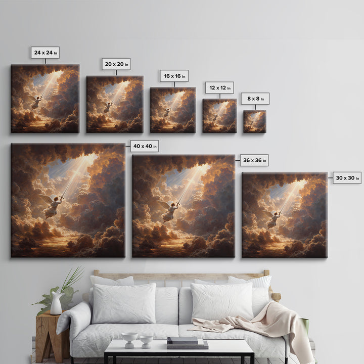 Angelic Warrior In Storm Clouds Framed Canvas Print, Christian Wall Art, Celestial Sword Painting For Prayer Room Decor Gift