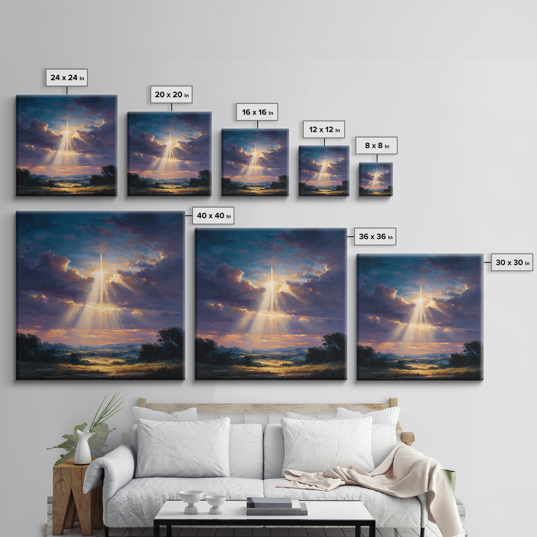 Radiant Cross Above Sunrise Valley Wall Art, Christian Landscape Canvas Print, Spiritual Decor, Inspirational Faith Gift