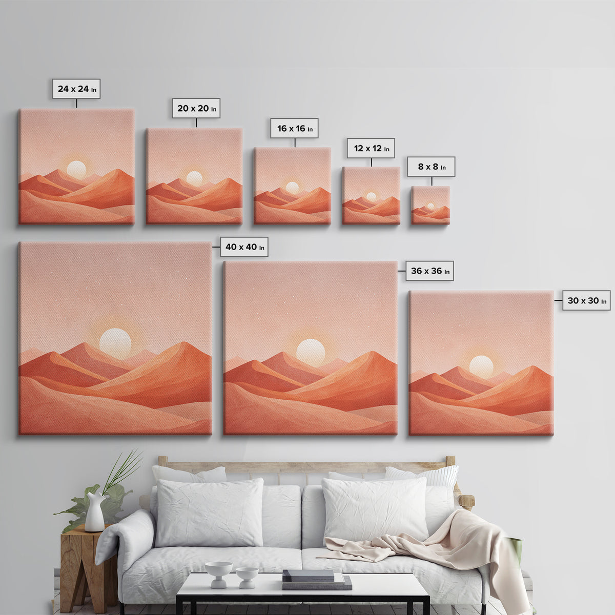 Blush Desert Mountains Sunrise Wall Art, Warm Terracotta Landscape Canvas Print, Modern Boho Living Room Decor Above Bed