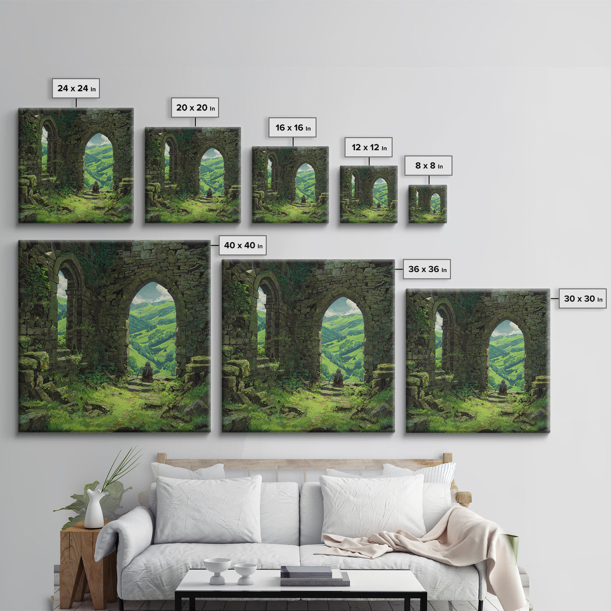 Castle Ruins Green Valley Knight Wall Art, Fantasy Landscape Canvas Print, Medieval Adventure Home Decor, Gamer Gift For Him