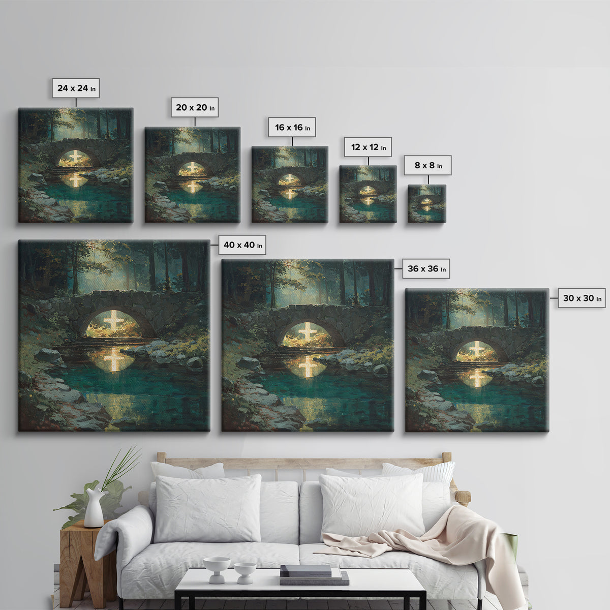 Glowing Cross Beneath Stone Bridge Framed Canvas Print, Christian Wall Art, Forest Stream Landscape, Calming Home Decor Gift
