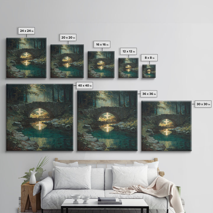 Glowing Cross Beneath Stone Bridge Framed Canvas Print, Christian Wall Art, Forest Stream Landscape, Calming Home Decor Gift