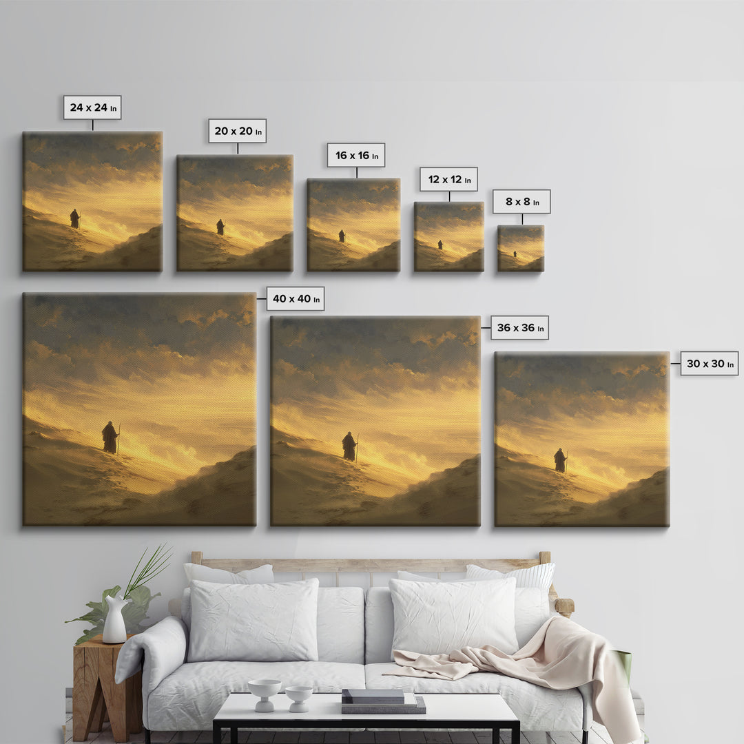 Lone Pilgrim Crossing Golden Desert Wall Art, Spiritual Landscape Canvas Print, Minimalist Desert Decor, Warm Neutral Home Decor