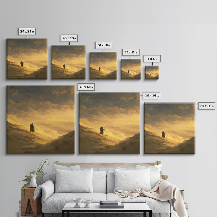 Lone Pilgrim Crossing Golden Desert Wall Art, Spiritual Landscape Canvas Print, Minimalist Desert Decor, Warm Neutral Home Decor