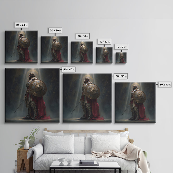 Angelic Warrior With Shield Framed Canvas Print, Dark Fantasy Wall Art, Renaissance Knight Decor For Dramatic Home Decor