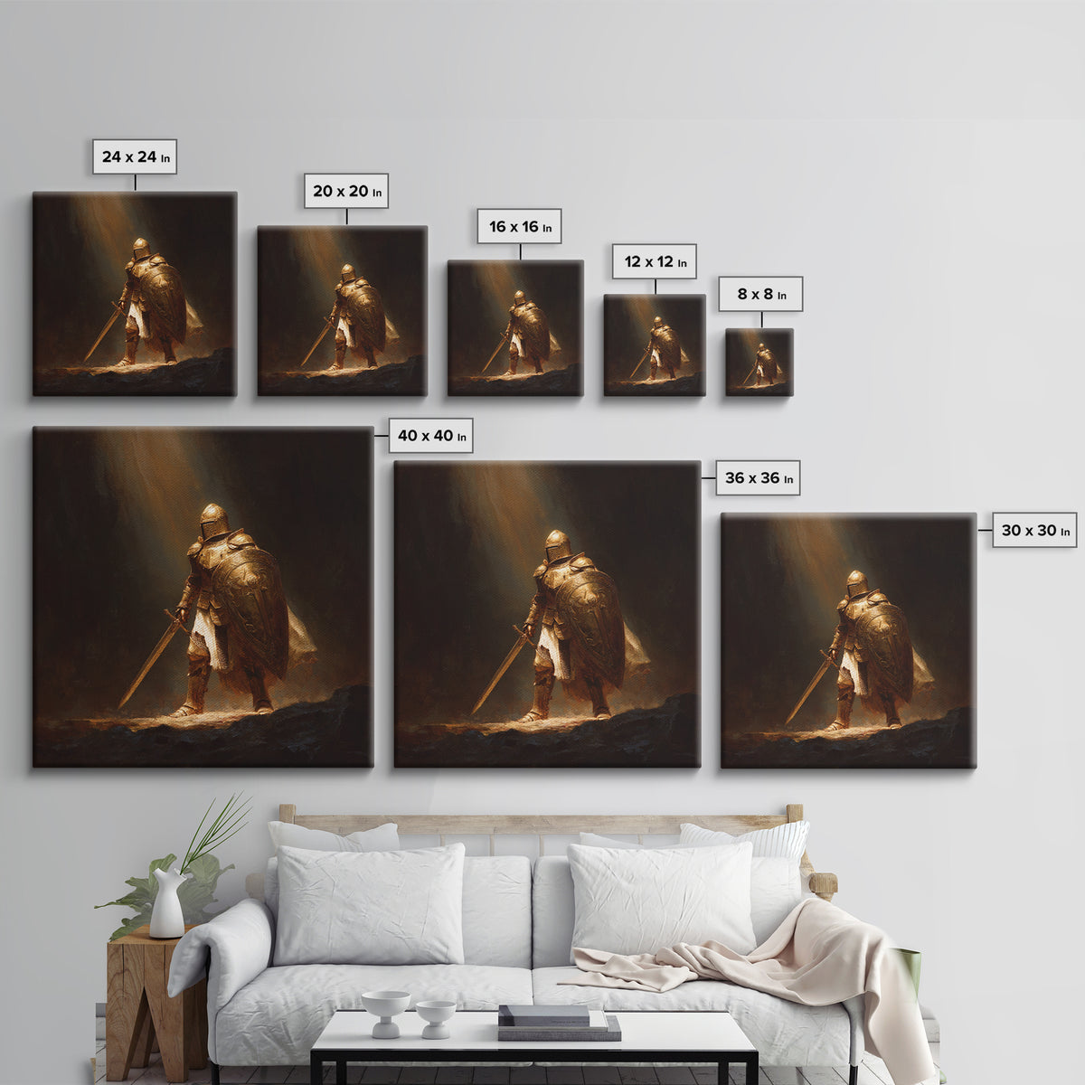 Golden Knight With Sword Canvas Print, Dark Fantasy Warrior Wall Art, Medieval Armor Painting, Masculine Office Decor, Gift For Him