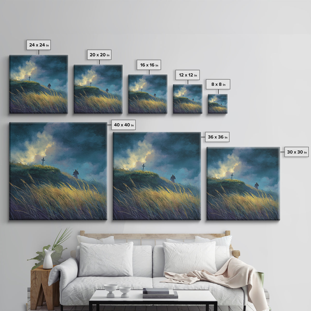 Solitary Pilgrim Near Cross Wall Art, Moody Christian Canvas Print, Windy Grassland, Spiritual Landscape Decor Gift For Him