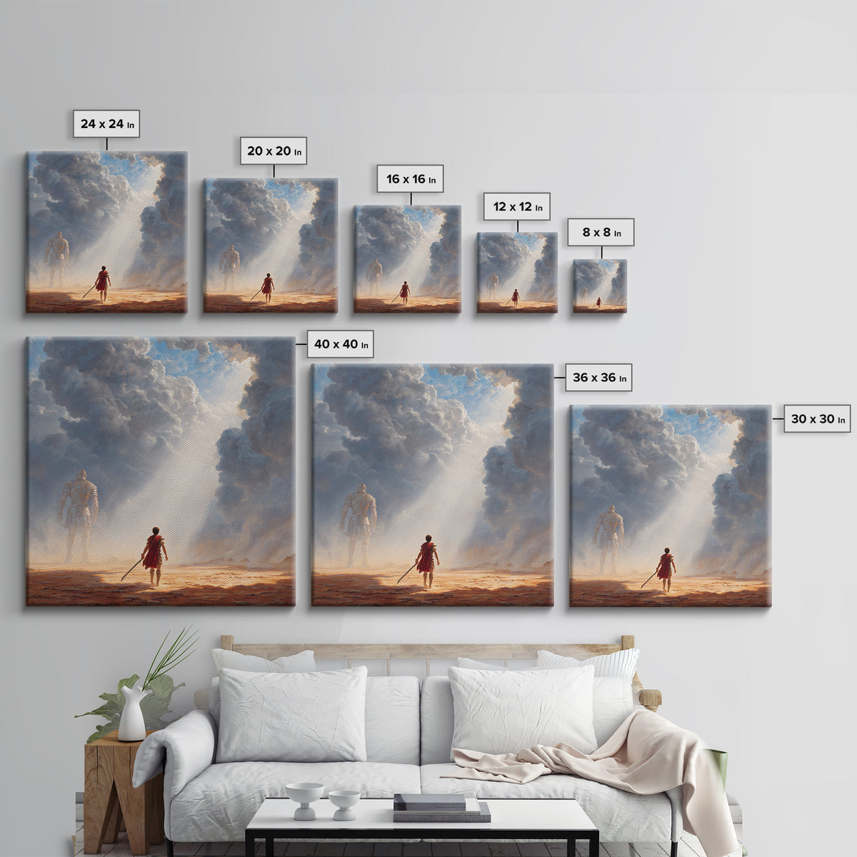 Young Hero Facing Cloud Giant Wall Art, Epic Fantasy Landscape Canvas Print, Mythological Adventure Decor, Gift For Gamer