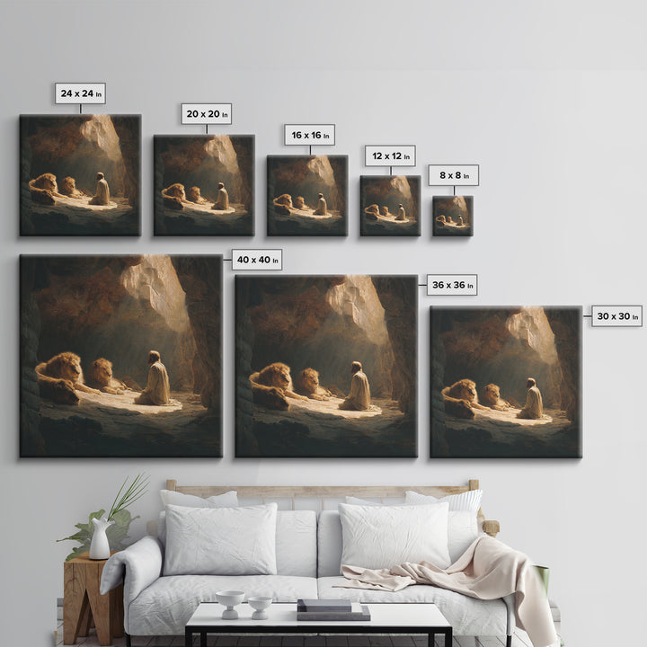 Daniel With Lions In Cave Wall Art, Biblical Christian Canvas Print, Jesus Artwork, Religious Home Decor Gift For Prayer Room