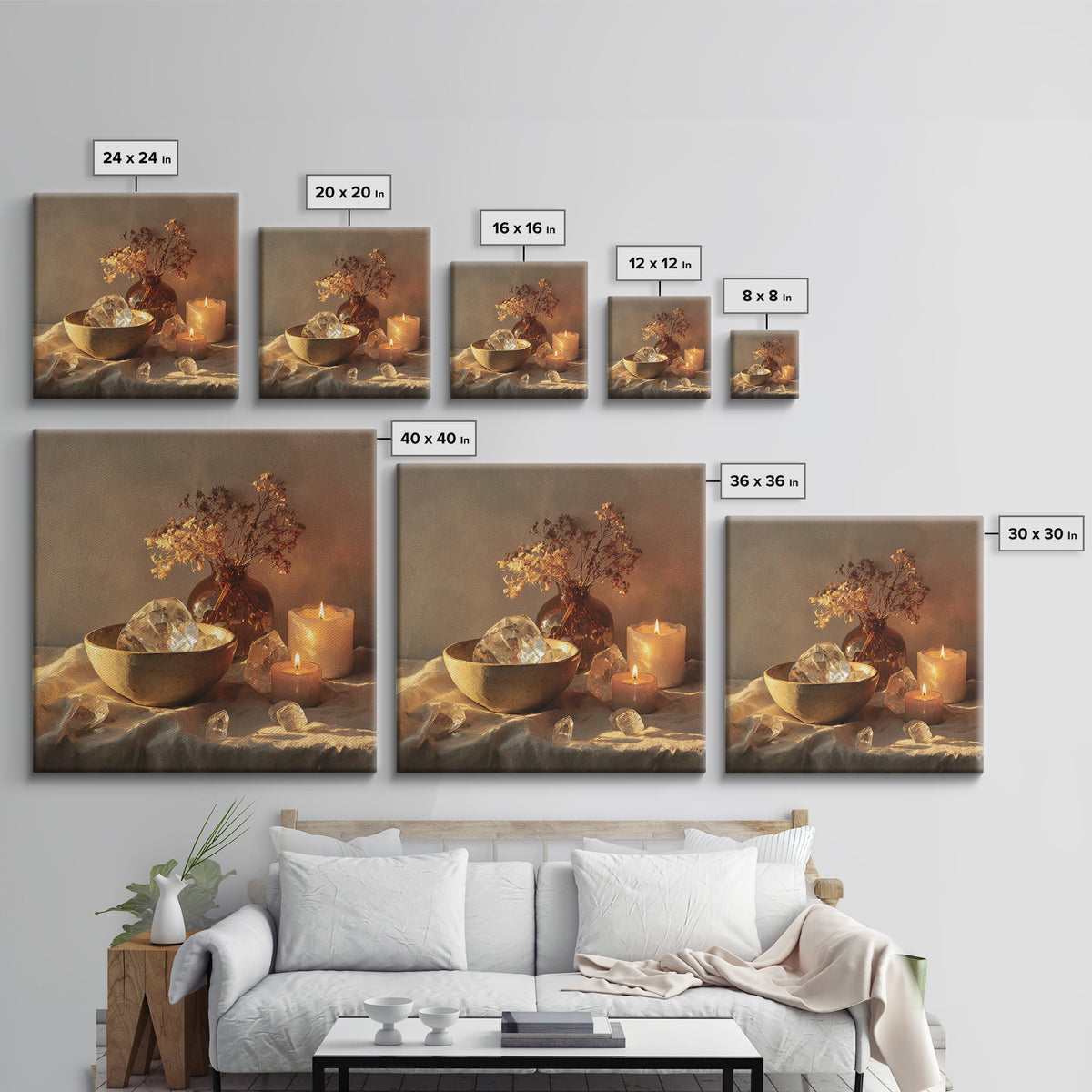 Glowing Candles Crystals And Dried Flowers Wall Art, Spiritual Still Life Canvas Print, Cozy Spa Decor For Bedroom And Meditation Room