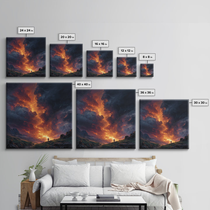 Fiery Mountain Storm At Sunset Wall Art, Dramatic Fantasy Landscape Canvas Print, Moody Maximalist Living Room Decor Gift