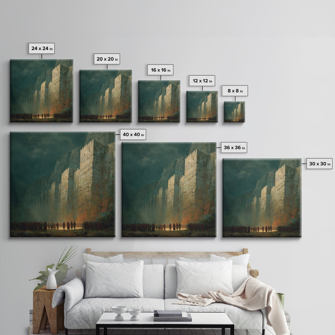 Towering Fortress In Misty Canyon Canvas Print, Epic Fantasy Wall Art, Medieval Castle Decor, Large Statement Artwork Print