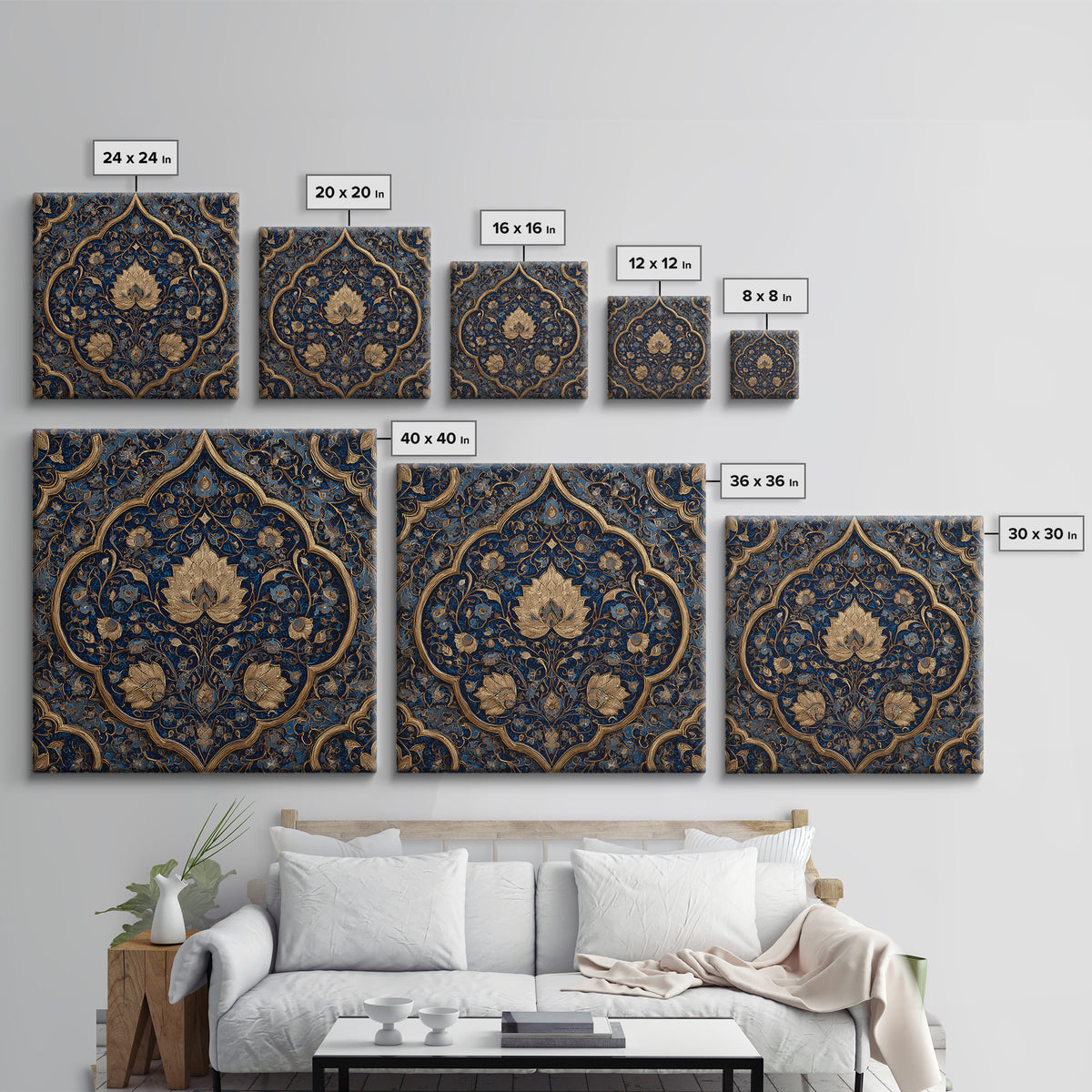 Ornate Blue Gold Islamic Floral Pattern Wall Art, Moroccan Tile Canvas Print, Elegant Arabic Home Decor For Living Room Wall