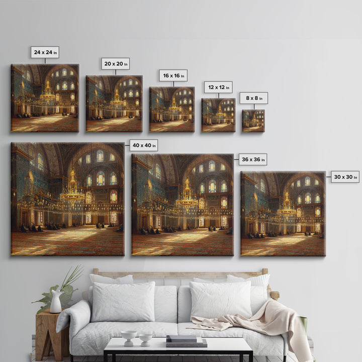 Ornate Mosque Chandelier Wall Art, Islamic Interior Canvas Print, Arabic Calligraphy Decor, Prayer Room Framed Canvas Art