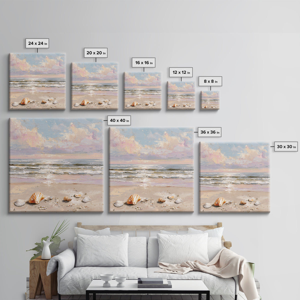 Pastel Ocean Waves And Seashells Wall Art, Coastal Seascape Framed Canvas Print, Beach House Living Room Decor For Bedroom