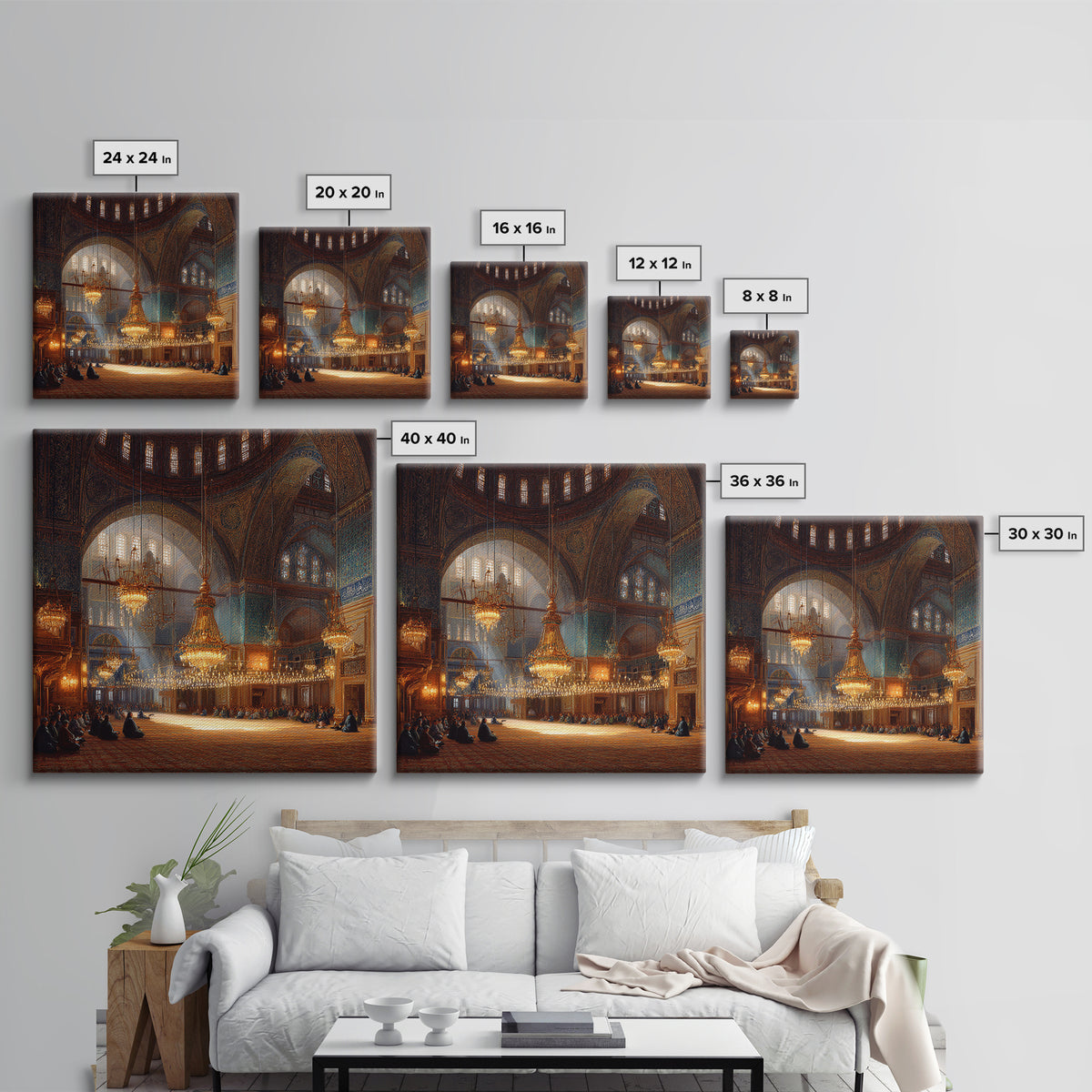 Ornate Mosque Interior With Chandeliers Wall Art, Islamic Architecture Framed Canvas Print, Prayer Room Decor, Luxury Wall Decor