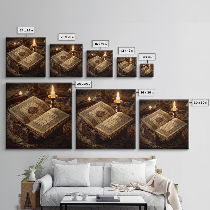 Illuminated Quran Manuscript With Candlelight Framed Canvas Print, Islamic Calligraphy Wall Art, Prayer Room Decor Gift Idea