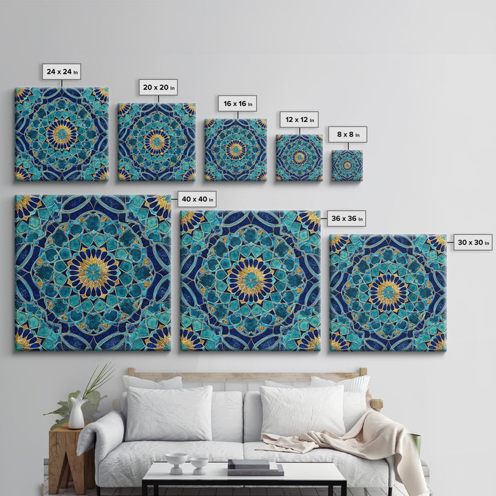 Teal Islamic Geometric Tile Wall Art, Moroccan Mosaic Pattern, Blue Gold Boho Decor, Mediterranean Canvas Print, Kitchen Decor