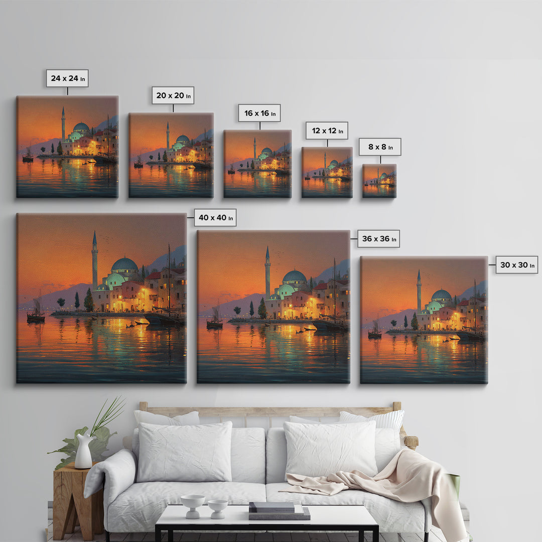 Waterfront Mosque At Orange Sunset Canvas Print, Islamic Architecture Art, Coastal Wall Decor, Travel Poster For Living Room