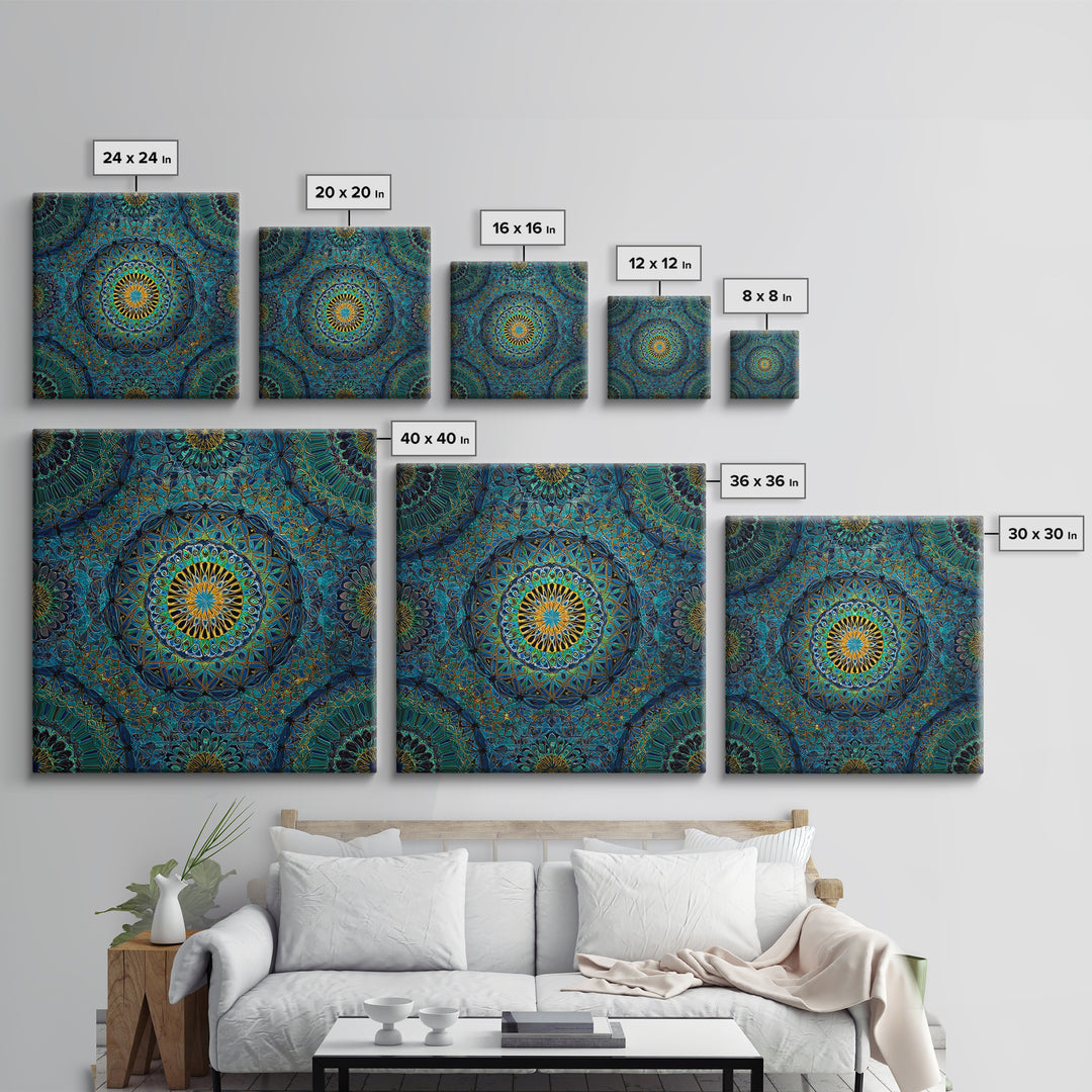 Teal Gold Geometric Mandala Wall Art, Sacred Geometry Abstract Print, Boho Spiritual Decor, Modern Meditation Room Art Gift