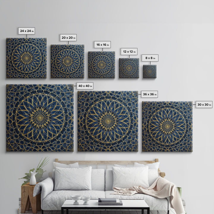 Blue Gold Geometric Mandala Canvas Print, Islamic Pattern Wall Art, Moroccan Abstract Decor For Meditation Room And Office