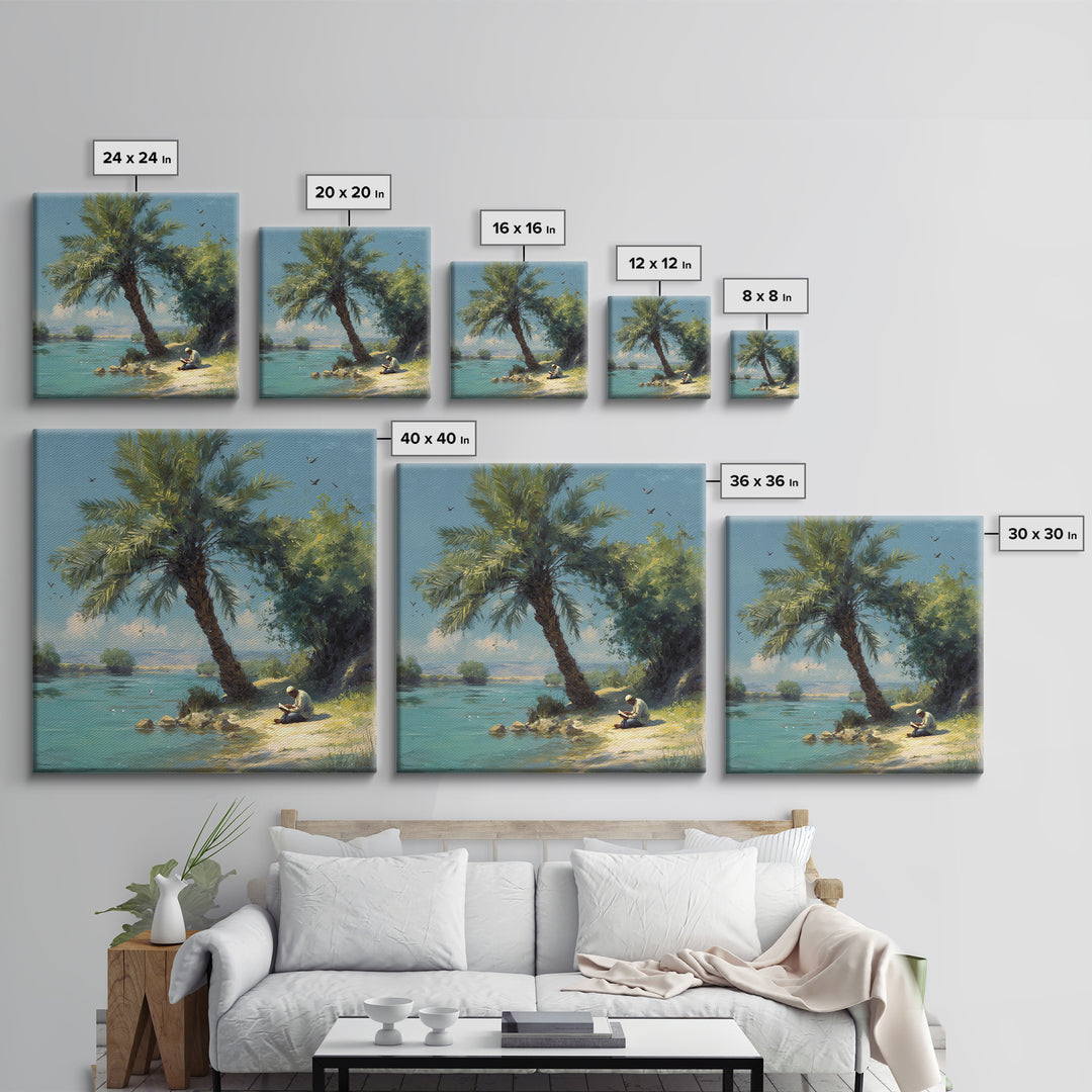 Leaning Palm By Blue Lagoon Wall Art, Tropical Coastal Landscape Painting, Serene Nature Decor, Mediterranean Canvas Print