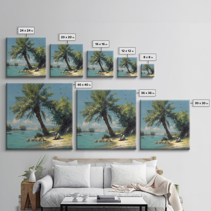Leaning Palm By Blue Lagoon Wall Art, Tropical Coastal Landscape Painting, Serene Nature Decor, Mediterranean Canvas Print