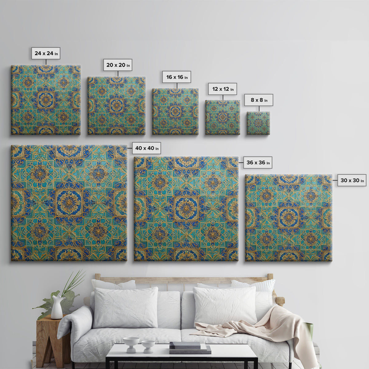 Blue And Gold Islamic Geometric Tile Wall Art, Moroccan Pattern Canvas Print For Elegant Home Decor And Meditation Room Decor