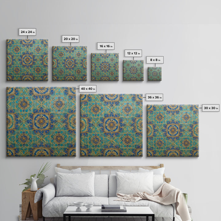 Blue And Gold Islamic Geometric Tile Wall Art, Moroccan Pattern Canvas Print For Elegant Home Decor And Meditation Room Decor