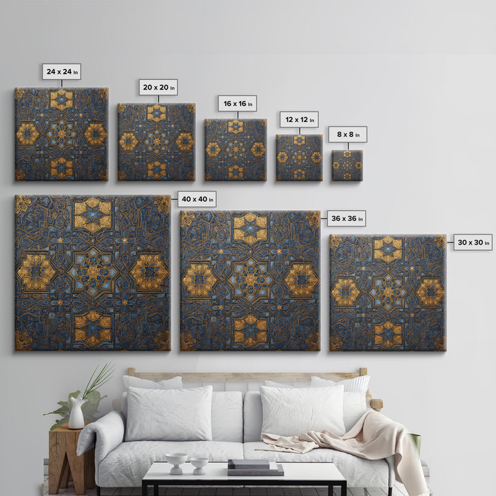 Blue Gold Islamic Geometric Tile Canvas Print, Moroccan Wall Art, Arabic Pattern Decor For Prayer Room And Modern Home Decor