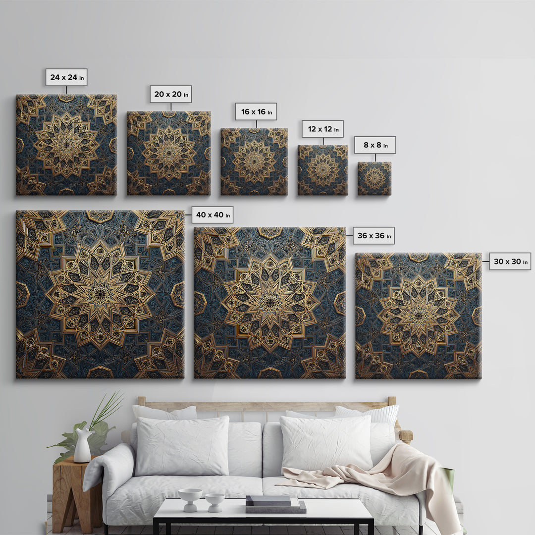 Blue Gold Islamic Geometric Mandala Wall Art, Sacred Geometry Pattern, Moroccan Tile Decor, Meditation Room Statement Print