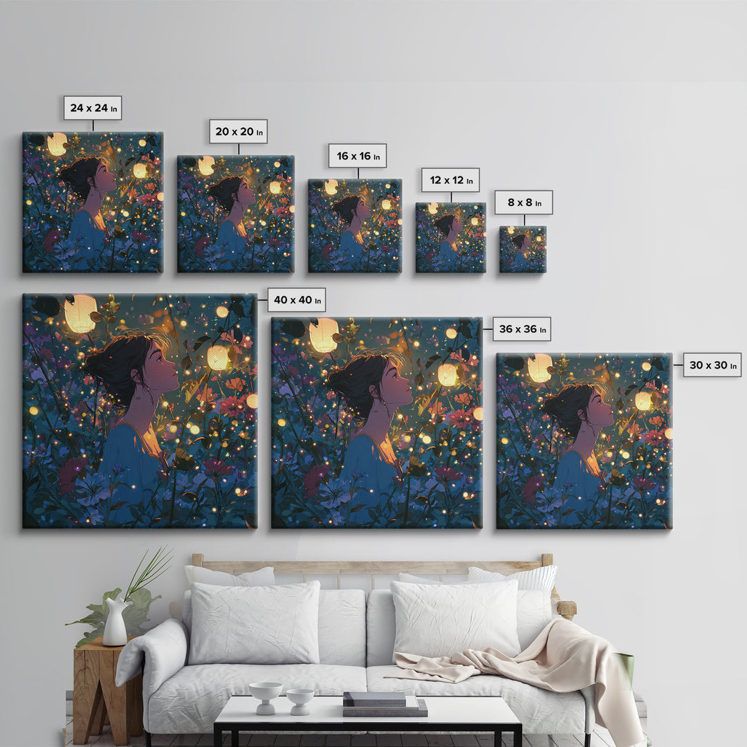 Lantern Lit Girl In Enchanted Flower Garden Wall Art, Whimsical Fairycore Decor, Fantasy Floral Print For Bedroom Living Room Decor