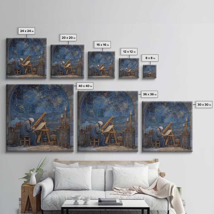 Medieval Astronomer Observatory Wall Art, Celestial Star Map Illustration, Islamic Science Decor, Astrology Canvas Print