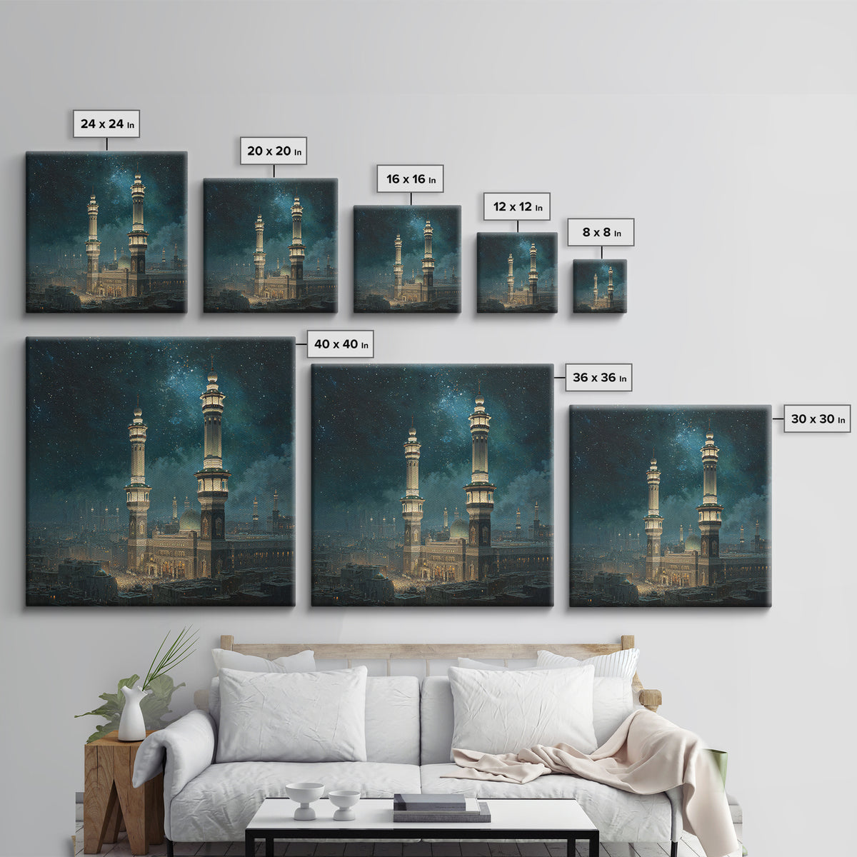 Starry Night Mosque Minarets Framed Canvas Print, Islamic Wall Art, Celestial Arabic Home Decor For Prayer Room And Eid Gift