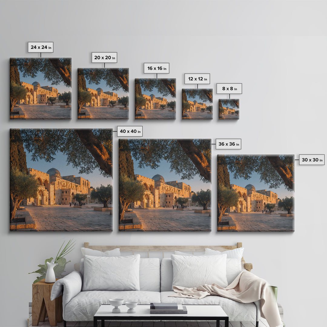 Golden Jerusalem Mosque Courtyard Wall Art, Islamic Architecture Print, Olive Tree Decor, Spiritual Travel Poster, Middle Eastern Decor