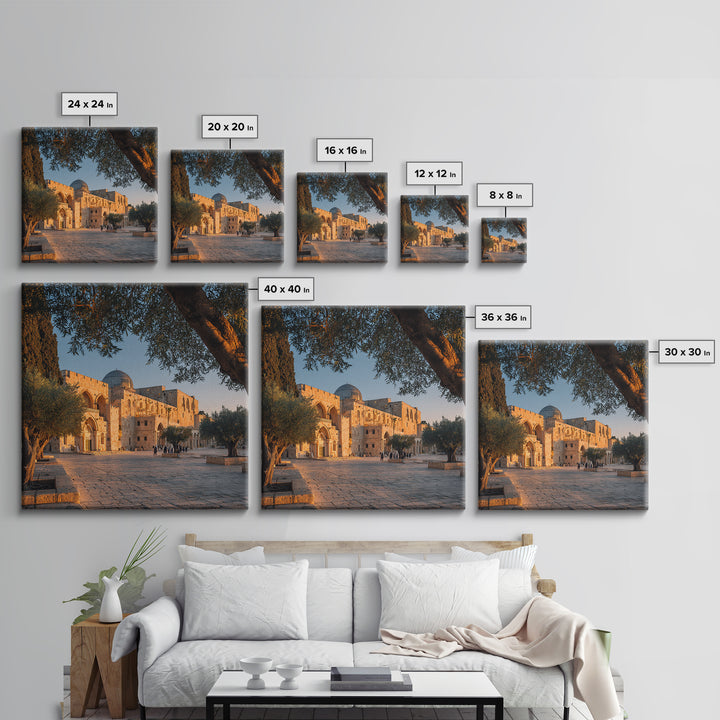 Golden Jerusalem Mosque Courtyard Wall Art, Islamic Architecture Print, Olive Tree Decor, Spiritual Travel Poster, Middle Eastern Decor