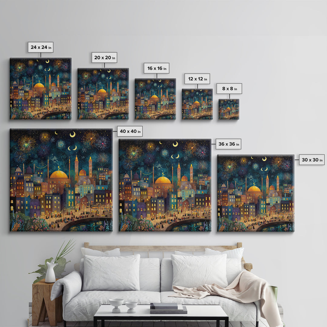 Crescent Moon City Fireworks Wall Art, Whimsical Islamic Canvas Print, Ramadan Decor, Celestial Nursery Art Gift For Kids Room Decor