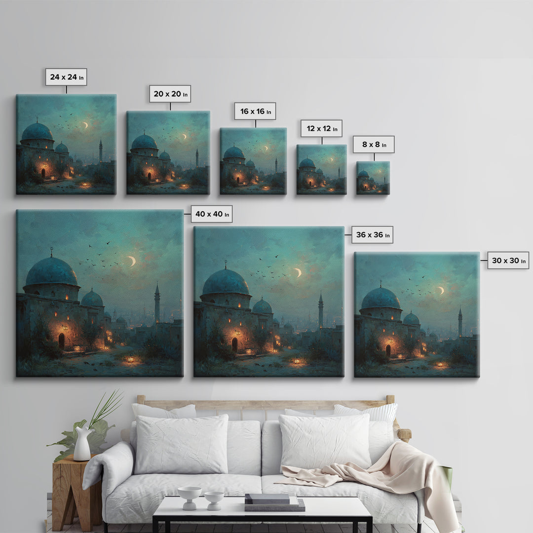 Moonlit Desert Dome Wall Art, Crescent Moon Islamic Architecture Painting, Moroccan Decor, Teal Blue Canvas Print, Ramadan Gift