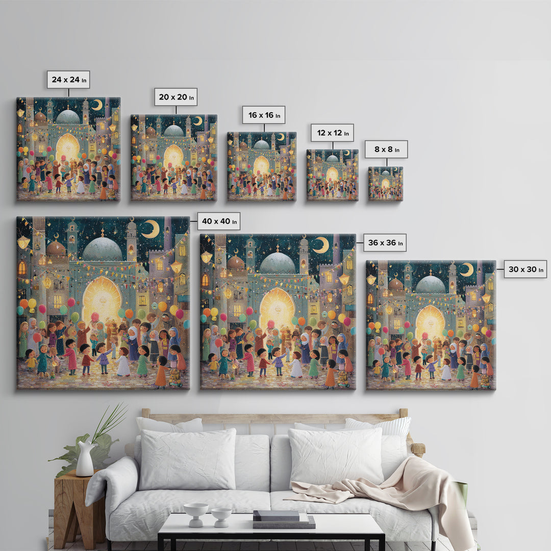Whimsical Eid Festival Mosque Wall Art, Children With Balloons Islamic Decor, Ramadan Celebration Nursery Art Print Gift